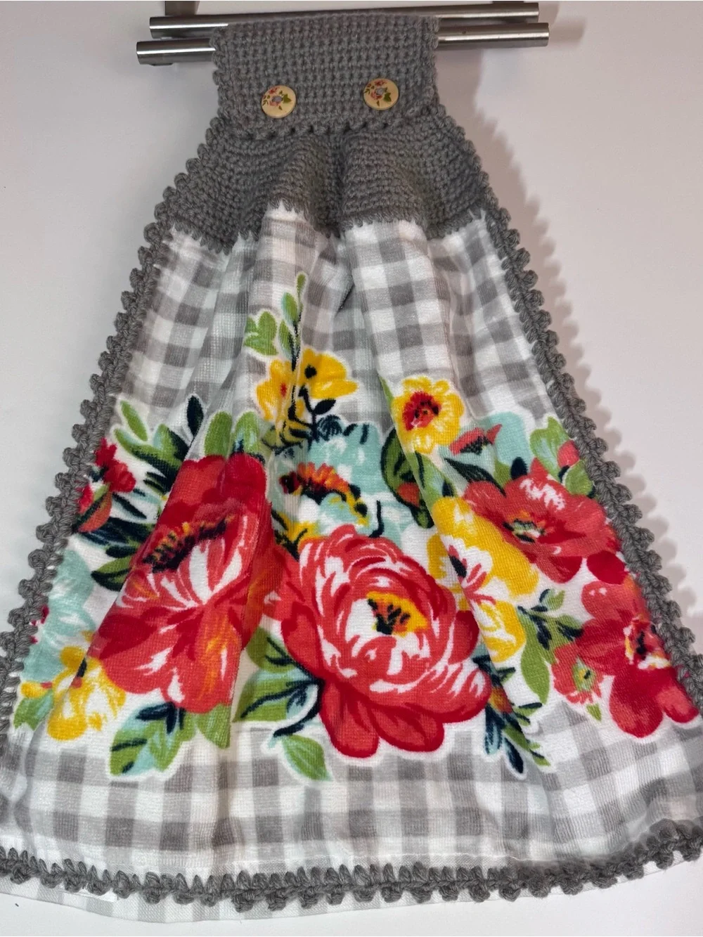 Handmade Crochet Pioneer Woman Hanging Kitchen Towel Gray Gingham Floral